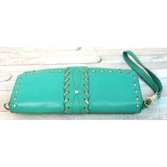 4.75x8.5" Michael Kors BRONZE GREEN LEATHER FLAP PURSE CLUTCH WALLET WRISTLET - Picture 5 of 8